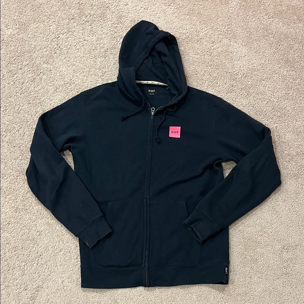 HUF Blue Zip-Up Hoodie with Pink Patch